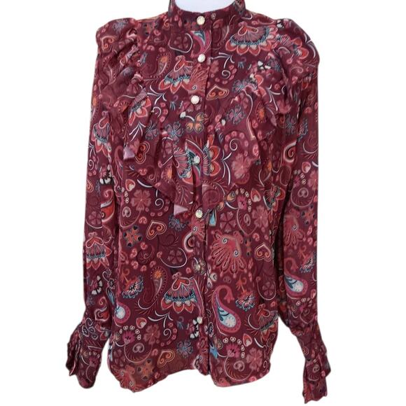 Ruffled Victorian Style Blouse Top LG Ruffles Feminine Retro‎ Burgundy Peacock - Picture 3 of 10